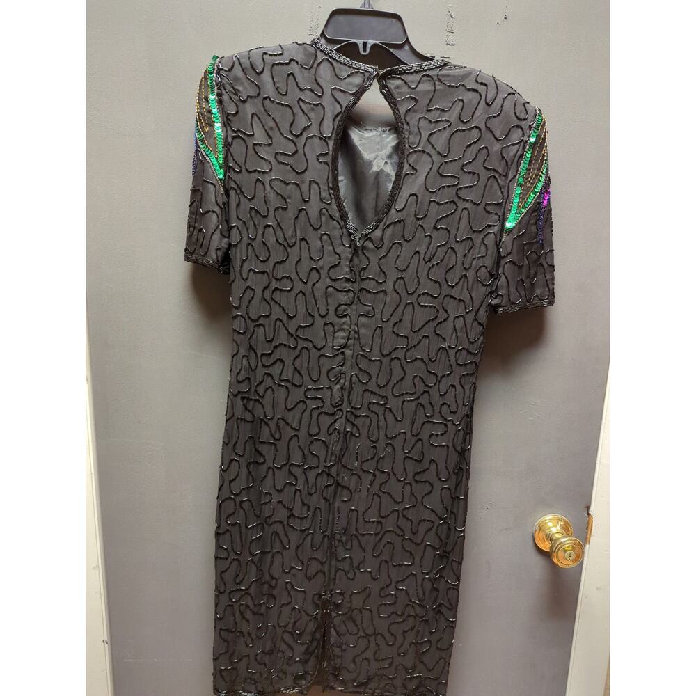 Vintage 1980 Sequin Silk Beaded cocktail Black dress green Design purple Medium - Picture 6 of 9